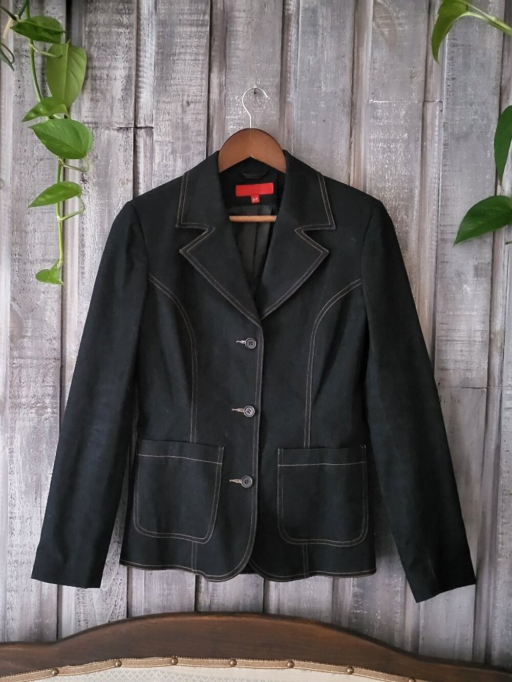 ROXY NWOT Black Structured Blazer Contrast Stitching Jacket Cotton - Size S